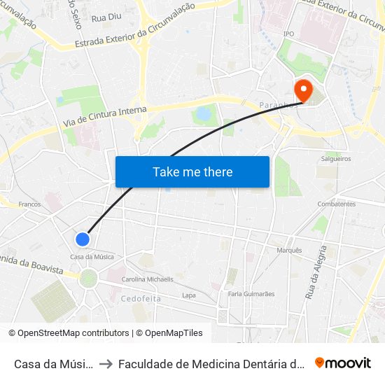 Casa da Música (Metro) to Faculdade de Medicina Dentária da Universidade do Porto map