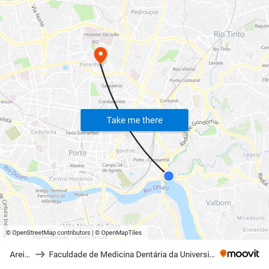 Areinho to Faculdade de Medicina Dentária da Universidade do Porto map