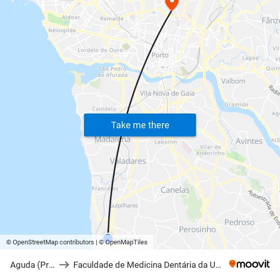 Aguda (Progado) to Faculdade de Medicina Dentária da Universidade do Porto map