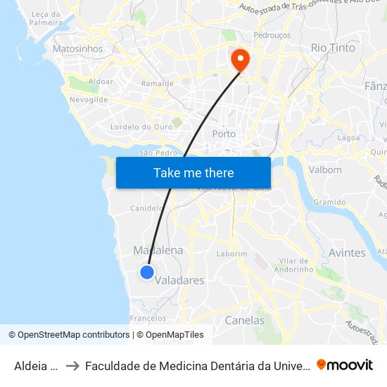 Aldeia Nova to Faculdade de Medicina Dentária da Universidade do Porto map