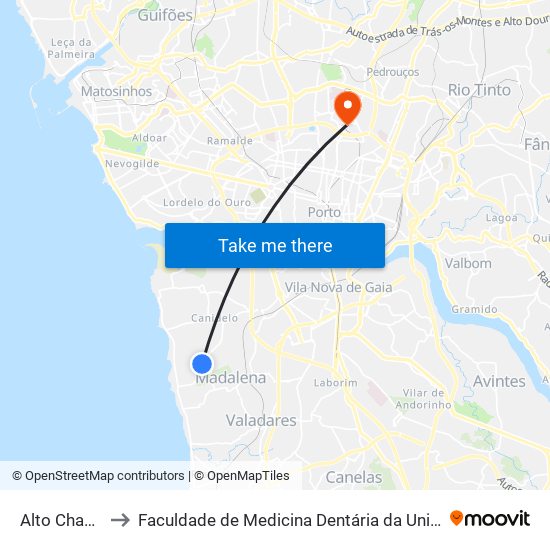 Alto Chaquedas to Faculdade de Medicina Dentária da Universidade do Porto map