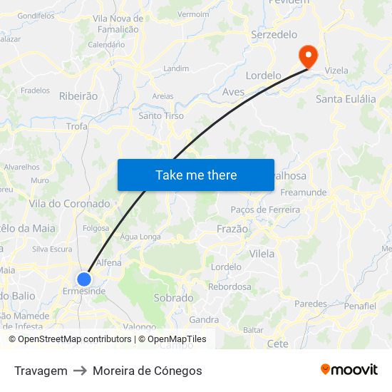 Travagem to Moreira de Cónegos map