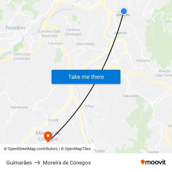Guimarães to Moreira de Cónegos map