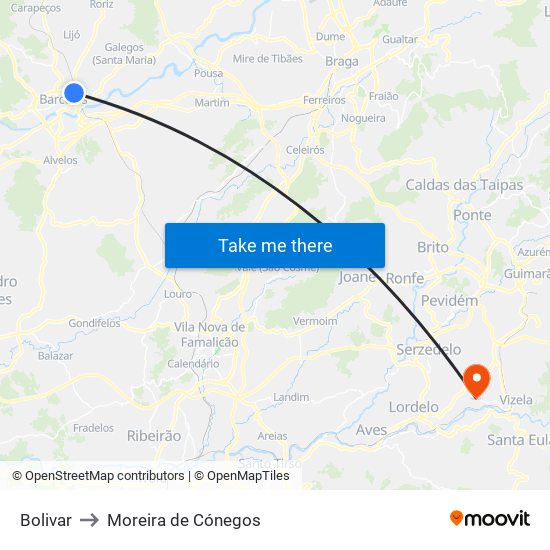 Bolivar to Moreira de Cónegos map