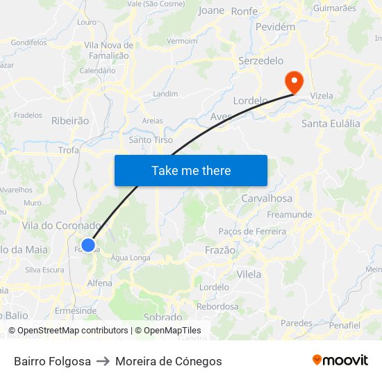 Bairro Folgosa to Moreira de Cónegos map