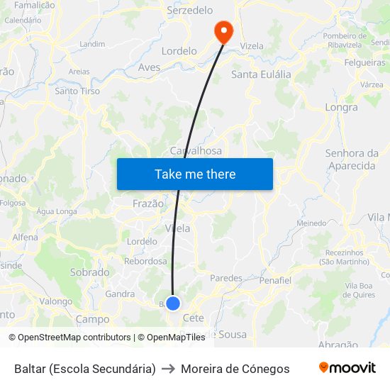 Baltar (Escola Secundária) to Moreira de Cónegos map