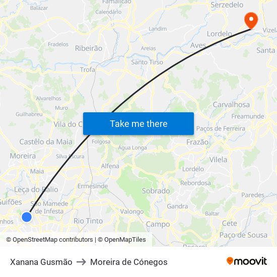 Xanana Gusmão to Moreira de Cónegos map