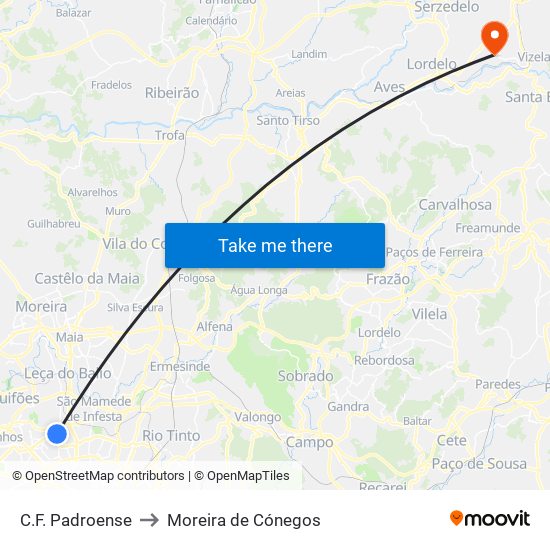 C.F. Padroense to Moreira de Cónegos map