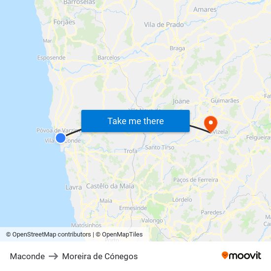 Maconde to Moreira de Cónegos map