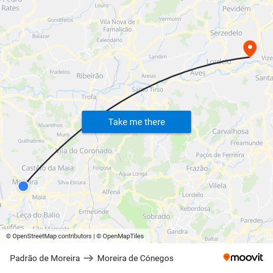 Padrão de Moreira to Moreira de Cónegos map