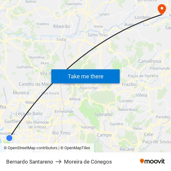 Bernardo Santareno to Moreira de Cónegos map