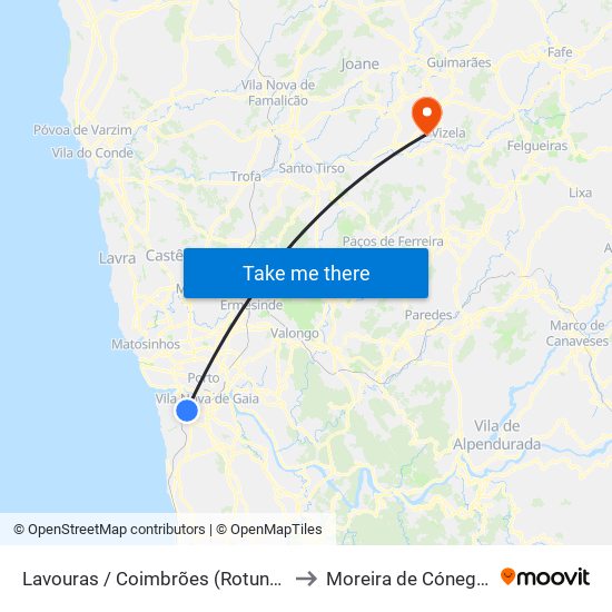 Lavouras to Moreira de Cónegos map