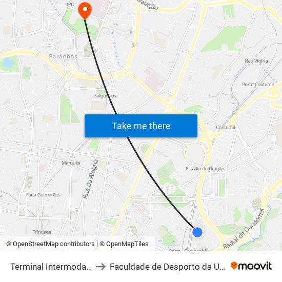 Terminal Intermodal de Campanhã to Faculdade de Desporto da Universidade do Porto map