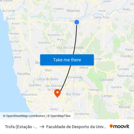 Trofa (Estação - Inferface) to Faculdade de Desporto da Universidade do Porto map