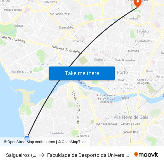 Salgueiros (Praia) to Faculdade de Desporto da Universidade do Porto map