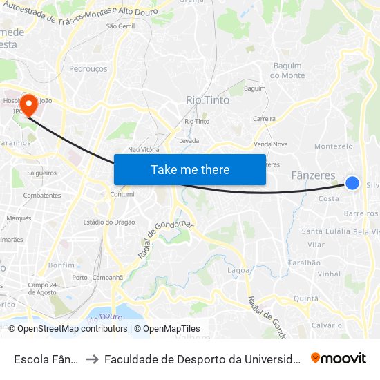 Fânzeres (Escola) to Faculdade de Desporto da Universidade do Porto map