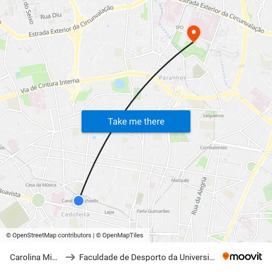 Carolina Michaelis to Faculdade de Desporto da Universidade do Porto map