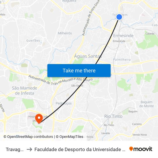 Travagem to Faculdade de Desporto da Universidade do Porto map