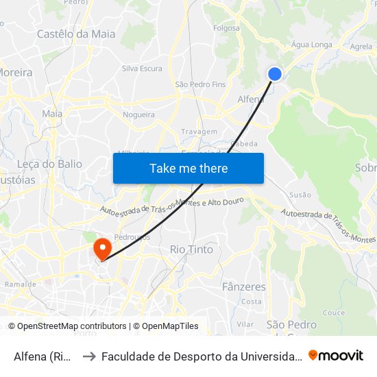 Alfena (Ribeiro) to Faculdade de Desporto da Universidade do Porto map