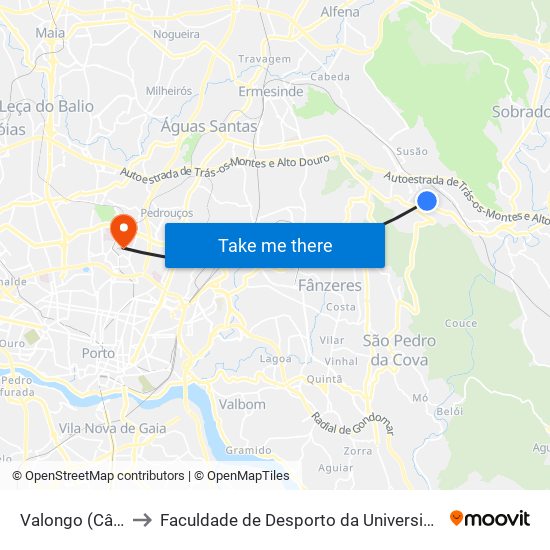 Valongo (Câmara) to Faculdade de Desporto da Universidade do Porto map