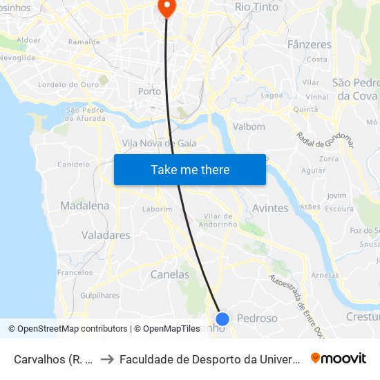 Carvalhos (R. Padrão) to Faculdade de Desporto da Universidade do Porto map