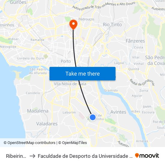 Ribeirinhas to Faculdade de Desporto da Universidade do Porto map