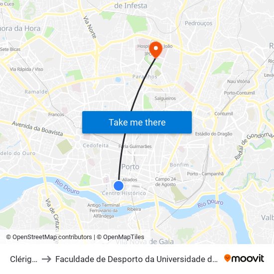 Clérigos to Faculdade de Desporto da Universidade do Porto map