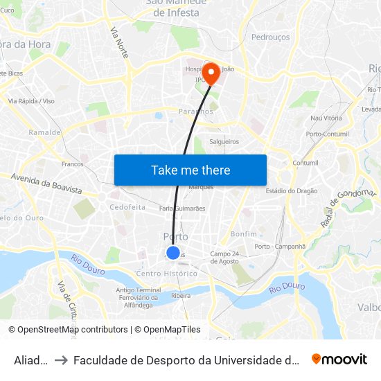 Aliados to Faculdade de Desporto da Universidade do Porto map