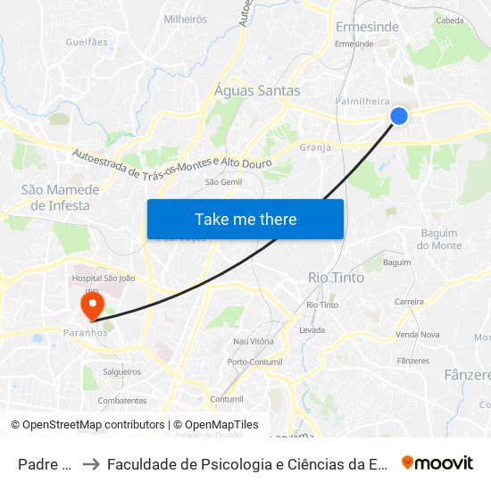 Padre Américo to Faculdade de Psicologia e Ciências da Educação da Universidade do Porto map