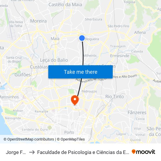 Jorge Ferreirinha to Faculdade de Psicologia e Ciências da Educação da Universidade do Porto map