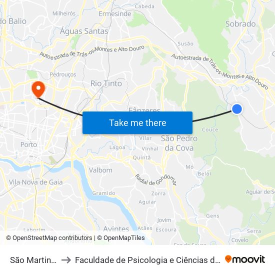 São Martinho do Campo to Faculdade de Psicologia e Ciências da Educação da Universidade do Porto map