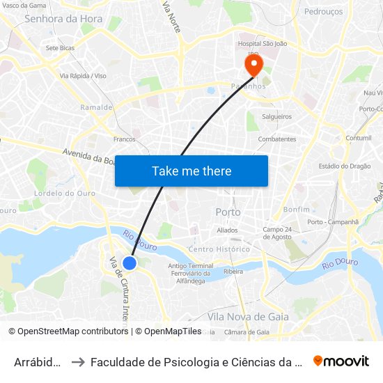 Arrábidashopping to Faculdade de Psicologia e Ciências da Educação da Universidade do Porto map