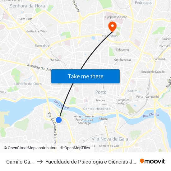 Camilo Castelo Branco to Faculdade de Psicologia e Ciências da Educação da Universidade do Porto map