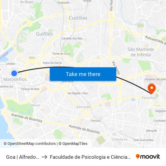 Goa |  Alfredo Cunha (Câmara) to Faculdade de Psicologia e Ciências da Educação da Universidade do Porto map