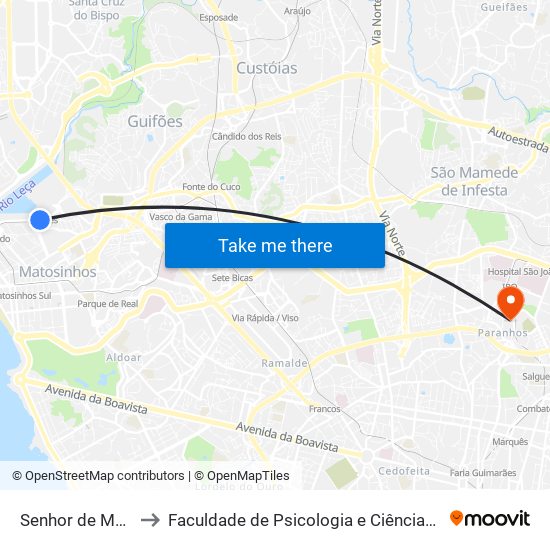 Senhor de Matosinhos (Metro) to Faculdade de Psicologia e Ciências da Educação da Universidade do Porto map