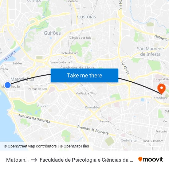 Matosinhos Praia to Faculdade de Psicologia e Ciências da Educação da Universidade do Porto map