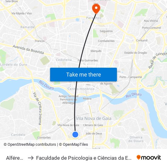 Alféres Pereira to Faculdade de Psicologia e Ciências da Educação da Universidade do Porto map