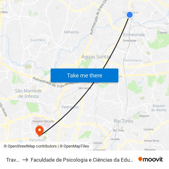 Travagem to Faculdade de Psicologia e Ciências da Educação da Universidade do Porto map