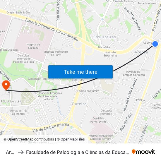 Areosa to Faculdade de Psicologia e Ciências da Educação da Universidade do Porto map