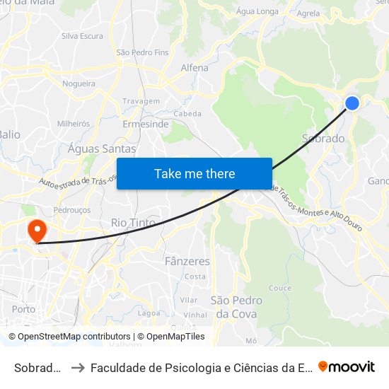 Sobrado de Cima to Faculdade de Psicologia e Ciências da Educação da Universidade do Porto map