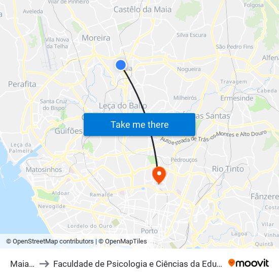 Maia (Zoo) to Faculdade de Psicologia e Ciências da Educação da Universidade do Porto map