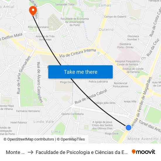 Monte Aventino to Faculdade de Psicologia e Ciências da Educação da Universidade do Porto map