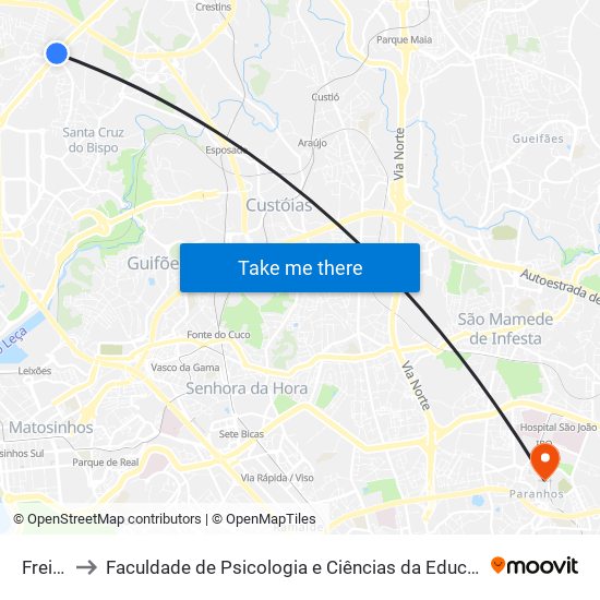 Freixieiro to Faculdade de Psicologia e Ciências da Educação da Universidade do Porto map