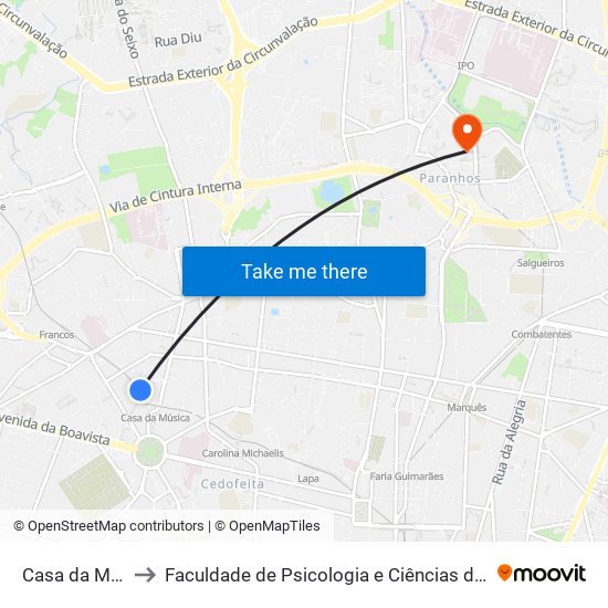 Casa da Música (Metro) to Faculdade de Psicologia e Ciências da Educação da Universidade do Porto map