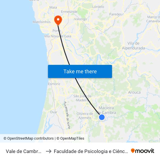 Vale de Cambra (Terminal Rodoviário) to Faculdade de Psicologia e Ciências da Educação da Universidade do Porto map
