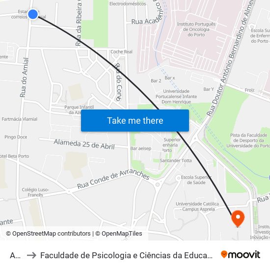 Amial to Faculdade de Psicologia e Ciências da Educação da Universidade do Porto map
