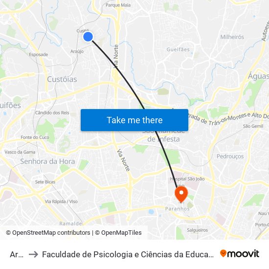 Araújo to Faculdade de Psicologia e Ciências da Educação da Universidade do Porto map