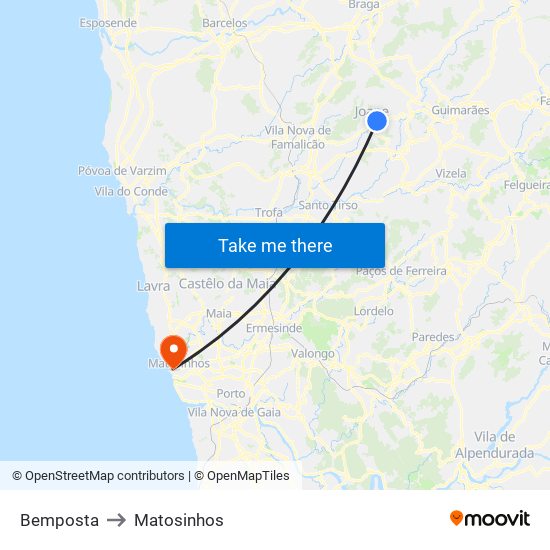 Bemposta to Matosinhos map