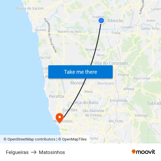 Felgueiras to Matosinhos map