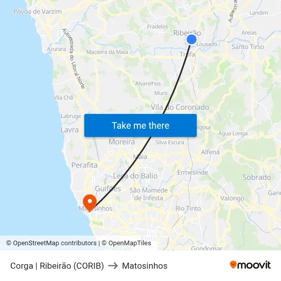Corga | Ribeirão (CORIB) to Matosinhos map